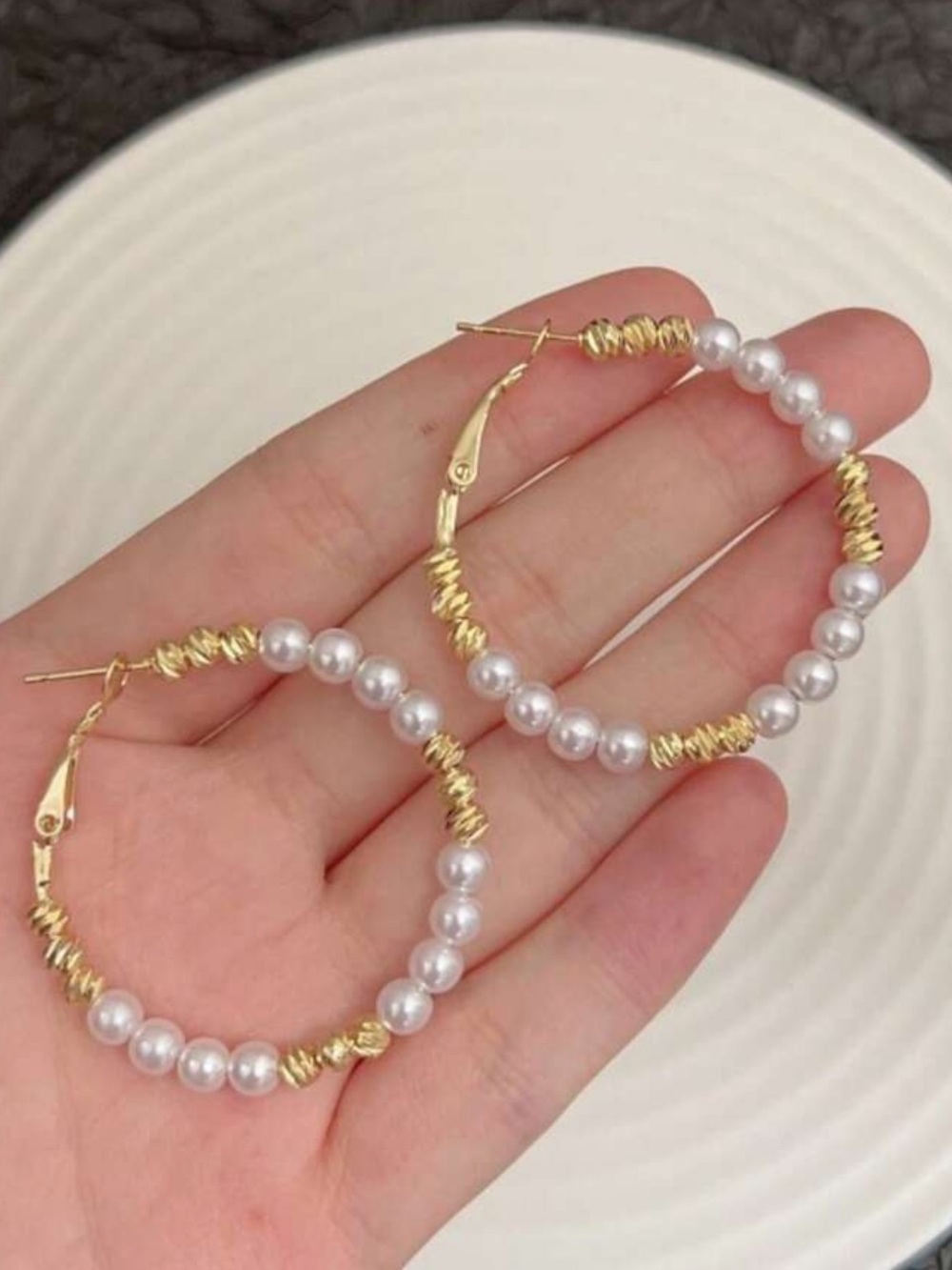 Gold & White Pearl Hoop Earrings - Elegant Women's Jewelry